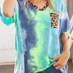 Cobalt green tie dye leopard v neck Terry top